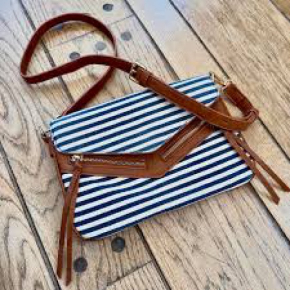 Navy and white striped Crossbody leather and canvas bag.